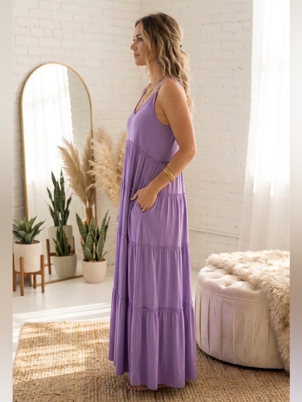 Zenana Purple Tiered Boho Maxi Dress with Pockets Small - Picture 2 of 9
